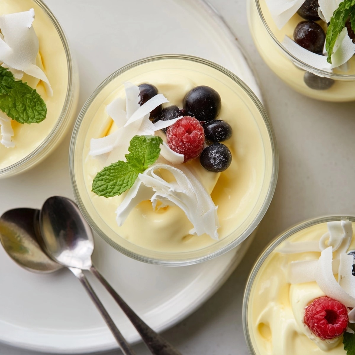 Cremige Bayrisch Creme Pudding Cups, serviert in eleganten Gläsern, ein köstliches Dessert.