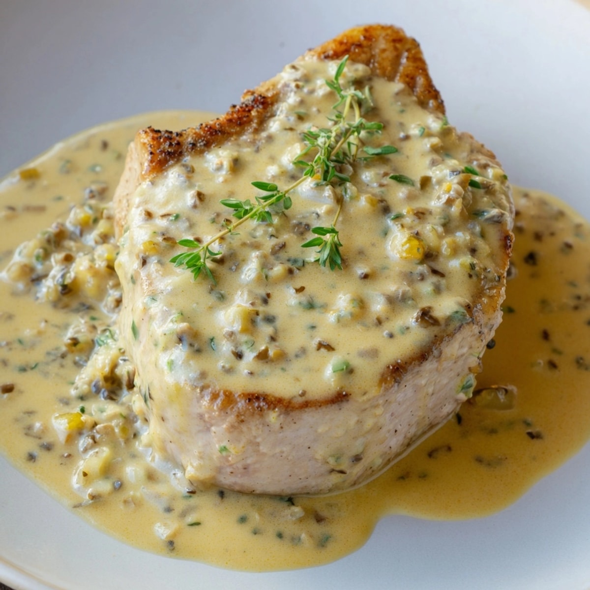 Saftige Creamy Mustard Pork Chops in cremiger, pikanter Sauce, servierbereit für ein herzhaftes Essen.