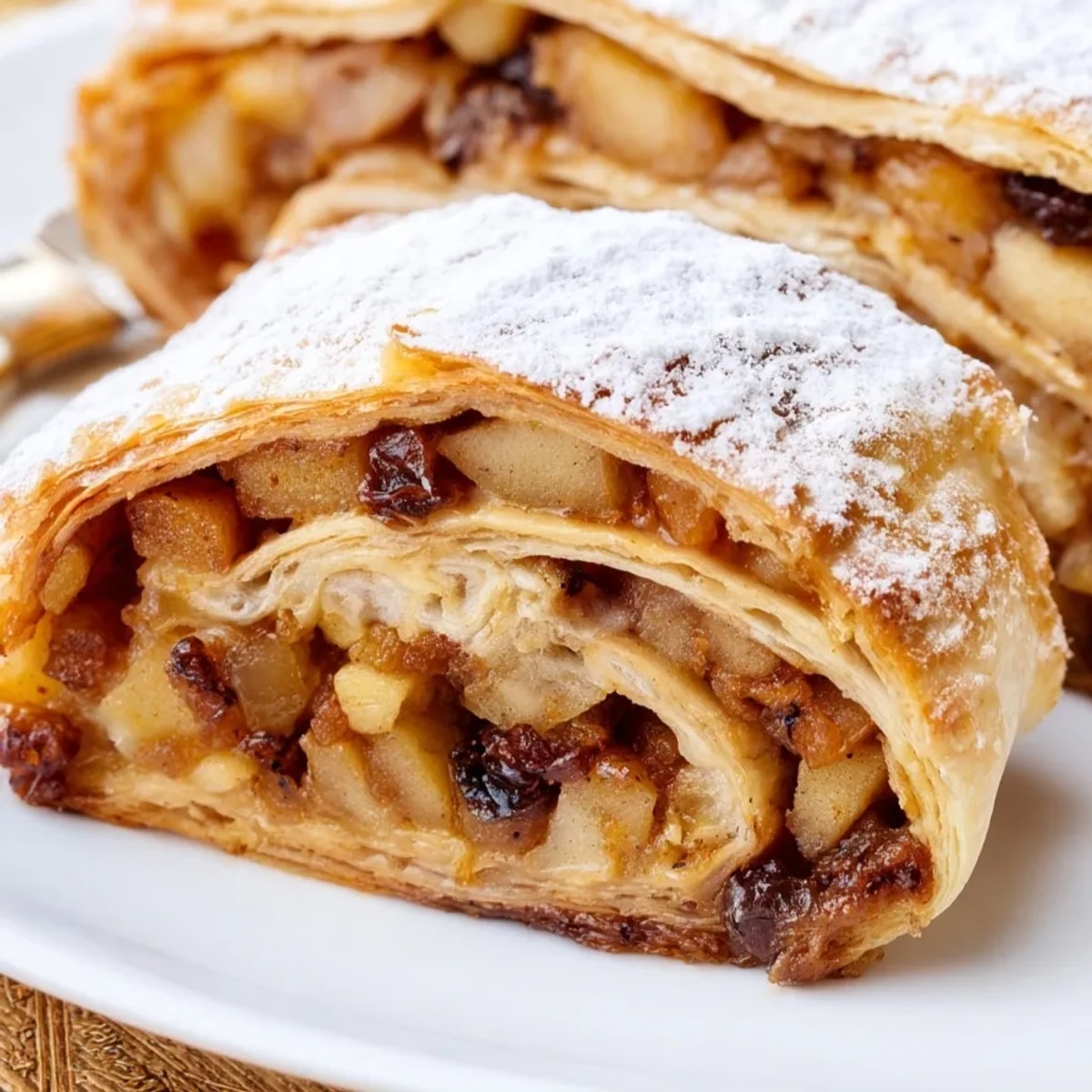 Knusprige German Apple Strudel Roll-Ups, warm aus dem Ofen, mit Puderzucker bestäubt.