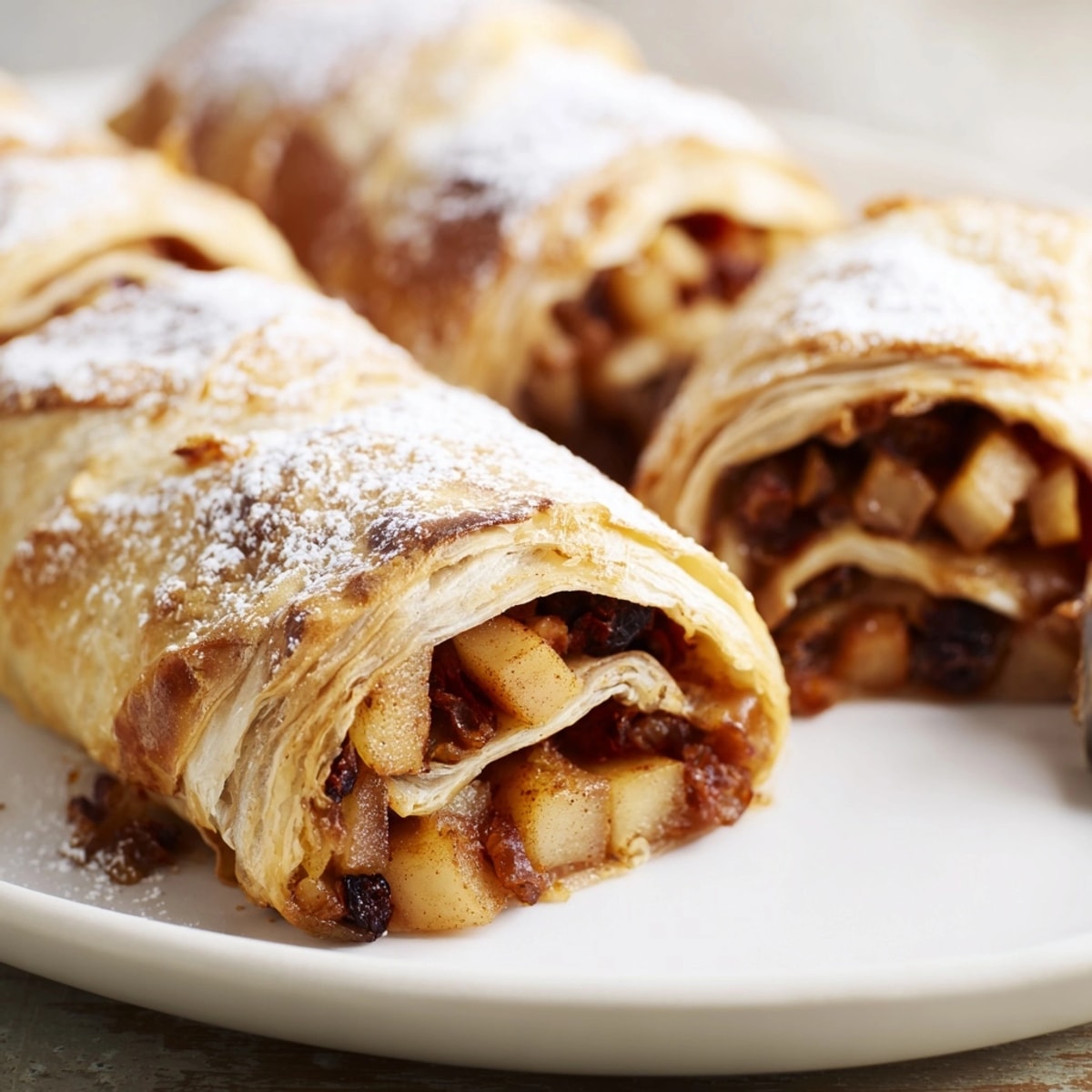 Hausgemachte German Apple Strudel Roll-Ups, perfekt zum Servieren mit Vanilleeis oder Schlagsahne.