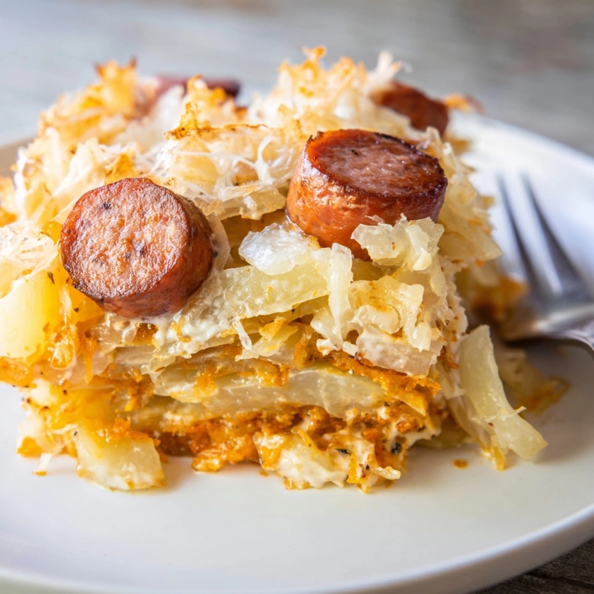 Herzhafter Sausage & Sauerkraut Casserole mit Kartoffeln, cremigem Senfsauce und geschmolzenem Käse, servierfertig.