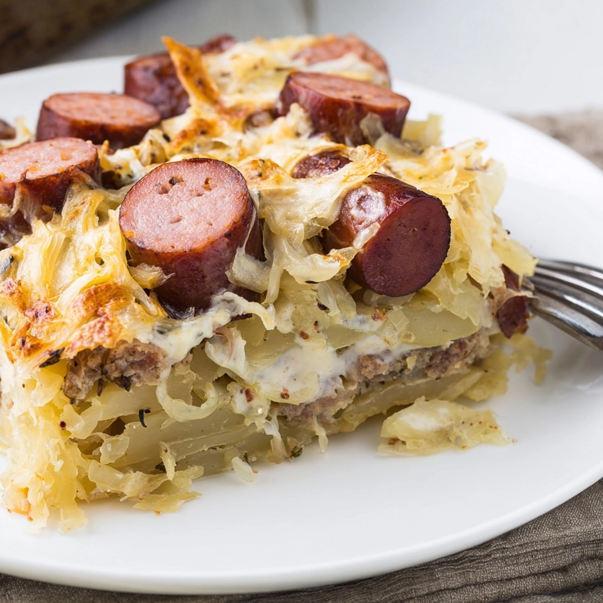 Selbstgemachter Sausage & Sauerkraut Casserole im Auflaufgericht, dampfend und golden gebacken.