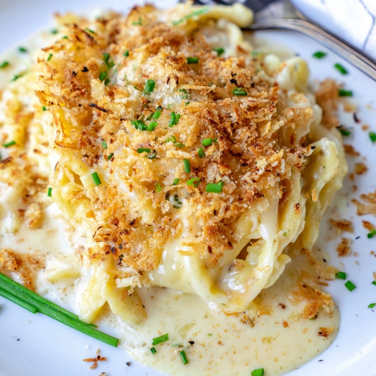 Herzhaftes Käse-Spätzle-Gratin mit goldbrauner Kruste, ein deutsches Ofengericht für gemütliche Abende.
