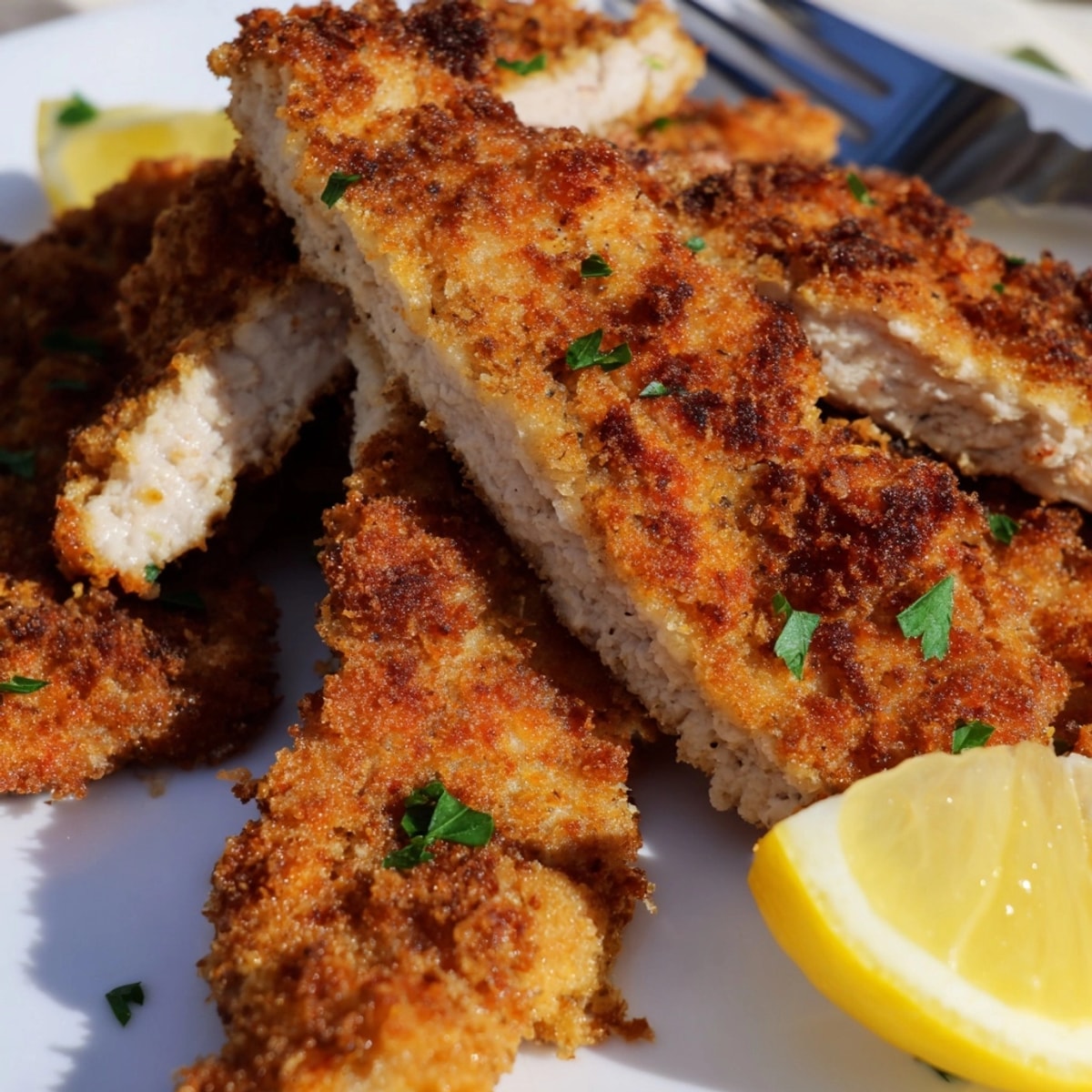 Knusprige Chicken Schnitzel Tenders, goldbraun gebraten, mit frischer Zitrone serviert.
