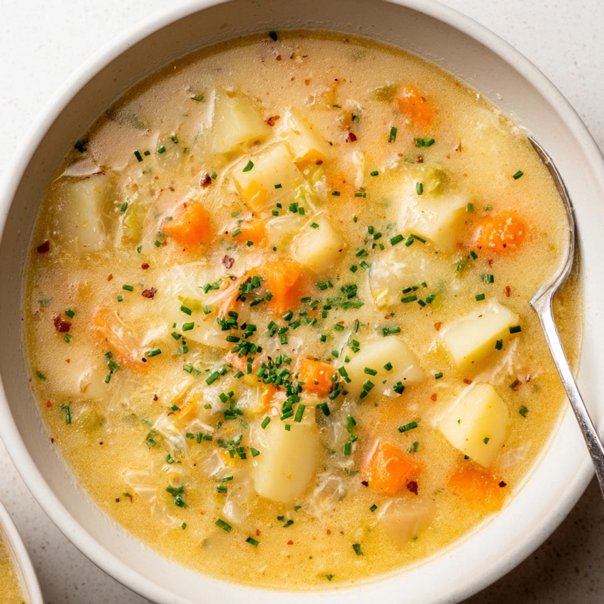 Herzhafte Beer Cheese Potato Soup, dampfend und cremig, serviert mit frischen Schnittlauch, ein warmes Gericht.