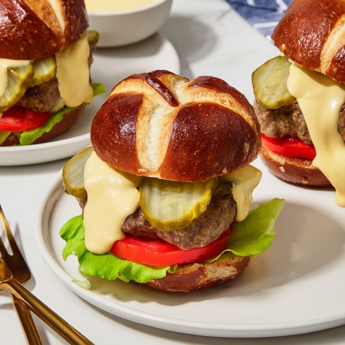 Hausgemachte, geschichtete deutsche Brezel-Slider mit würziger Senf-Käsesauce, Tomaten und knackigen Gewürzgurken.