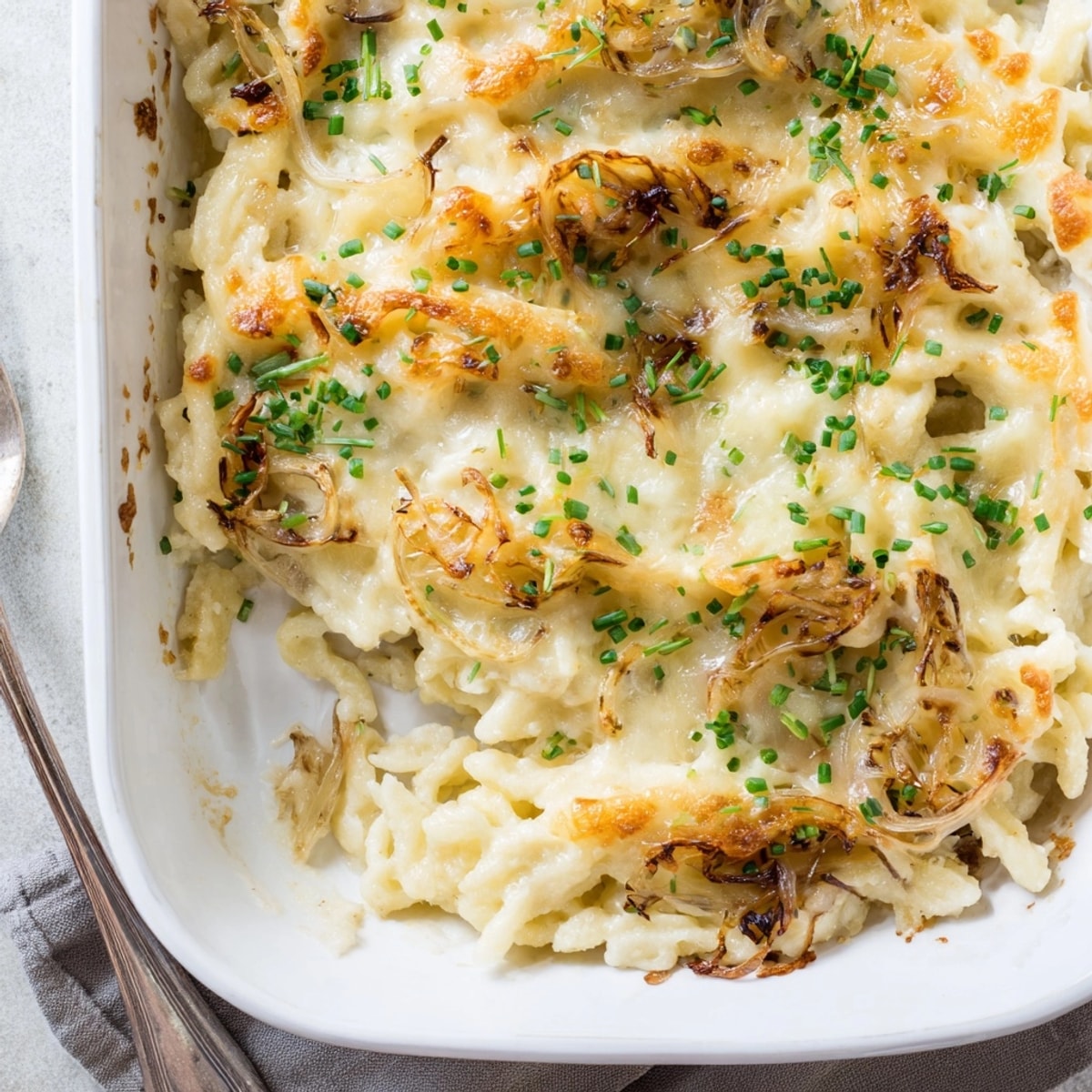 Nahaufnahme von geschmolzenem Käse auf Spätzle, ein köstlicher Käse-Spätzle Auflauf, bereit zum Servieren.