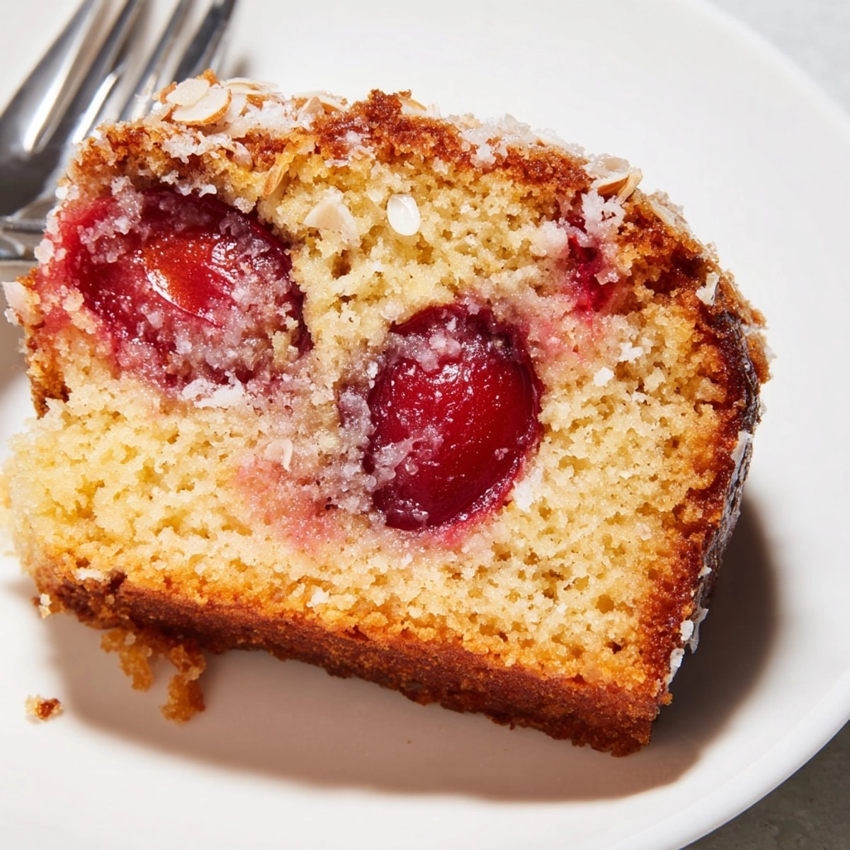 Goldbrauner Marzipan-Pflaumenkuchen in einer Form, mit leuchtenden Pflaumen dekoriert und mit Mandeln bestreut.