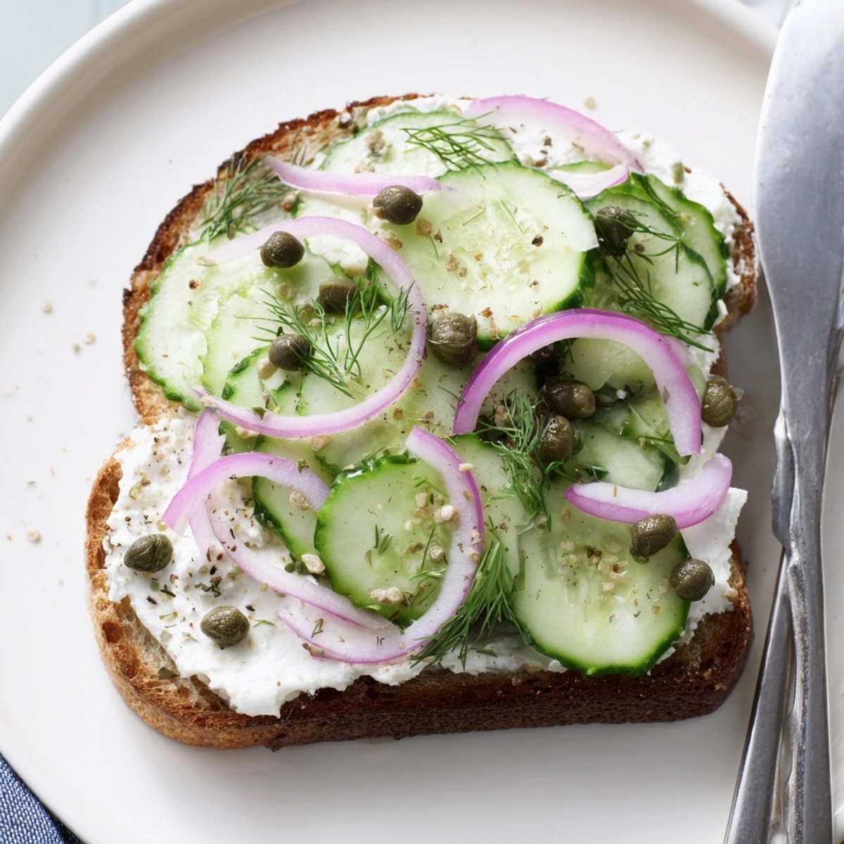 Rustikale deutsche Schwarzbrot-Toasts, belegt mit frischen Gurken, roten Zwiebeln, Dill und cremigen Käse.