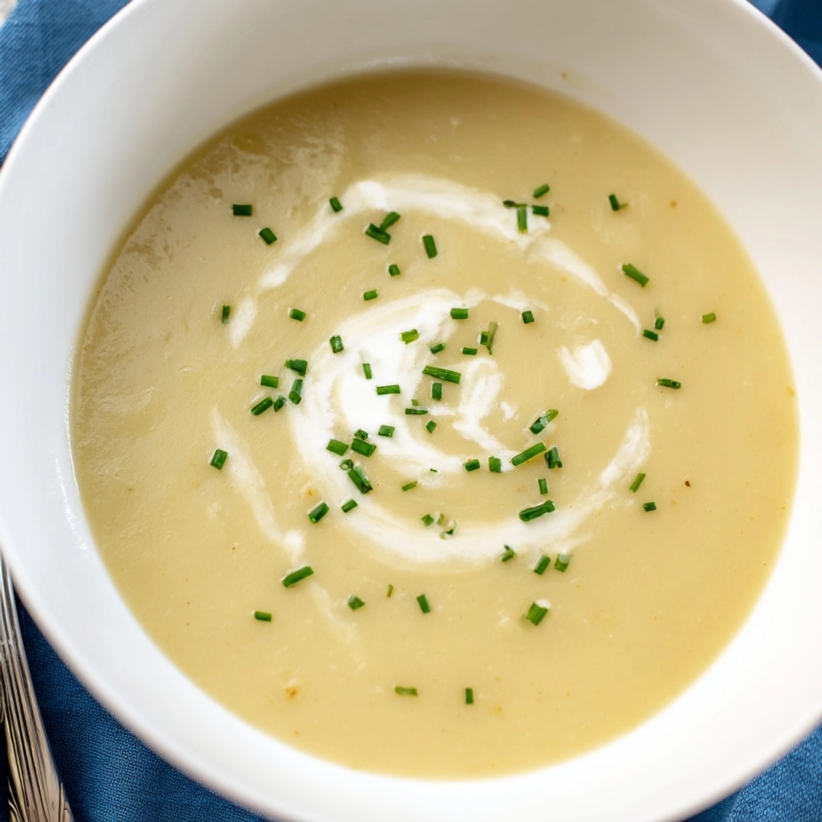 Cremige Kartoffel-Lauch-Suppe dampfend in einer Schüssel, garniert mit frischen Kräutern.