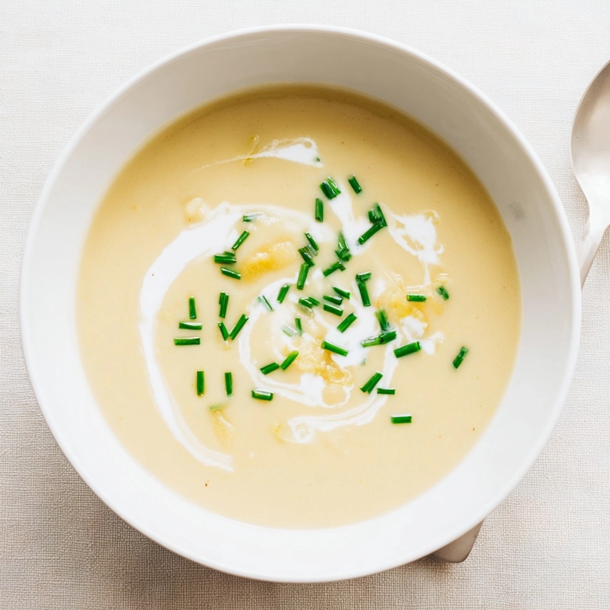 Hausgemachte Cremige Kartoffel-Lauch-Suppe, serviert mit knusprigem Brot – ein herzhaftes Essen.