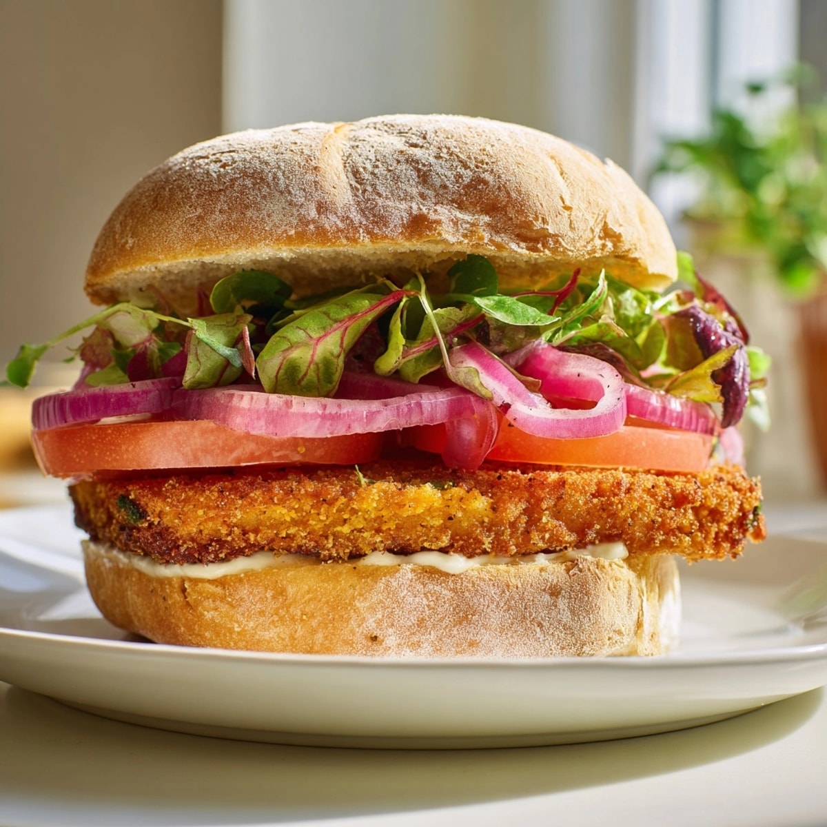 Ein knuspriges Kürbis-Schnitzel-Sandwich mit frischen Zutaten, ein vegetarisches Herbstvergnügen.