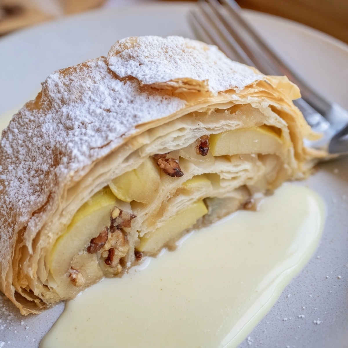 Knuspriger, goldbrauner Apfelstrudel mit Zimt, frisch aus dem Ofen, bereit zum Servieren.