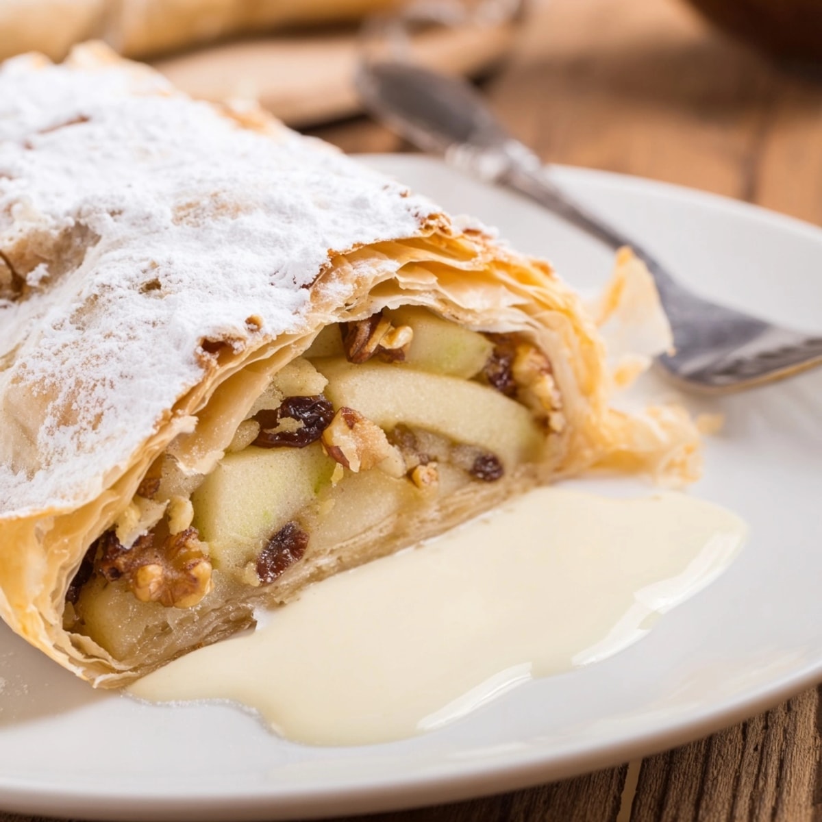Ein Stück warmer Apfelstrudel, besprenkelt mit Puderzucker, perfekt für einen gemütlichen Dessertmoment.