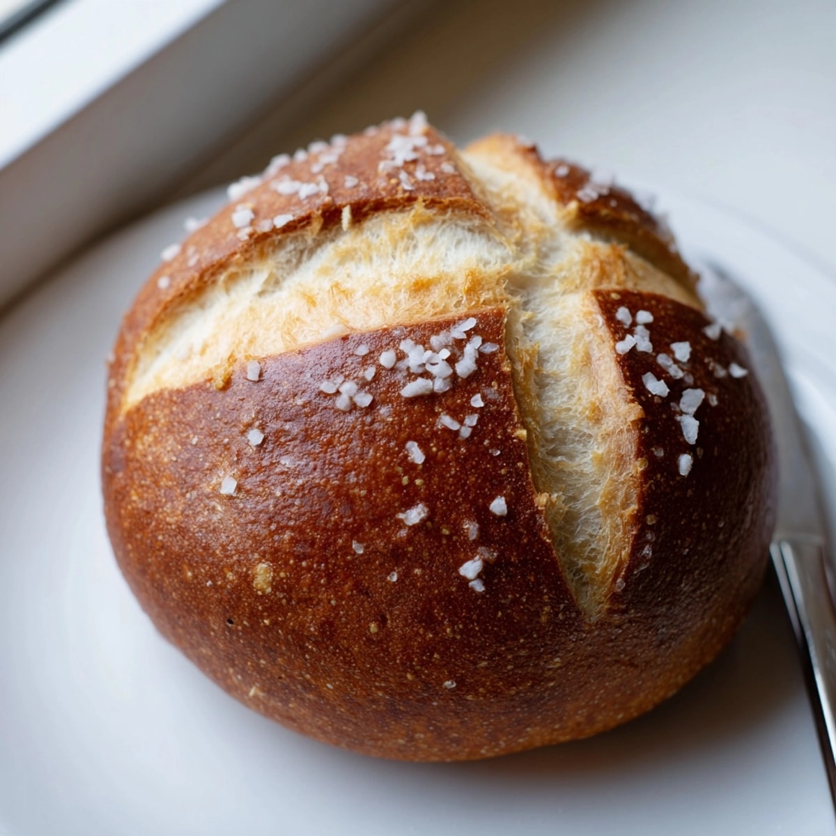 Close-up of golden Bavarian Pretzel Rolls, sprinkled with coarse salt, fresh from the oven.