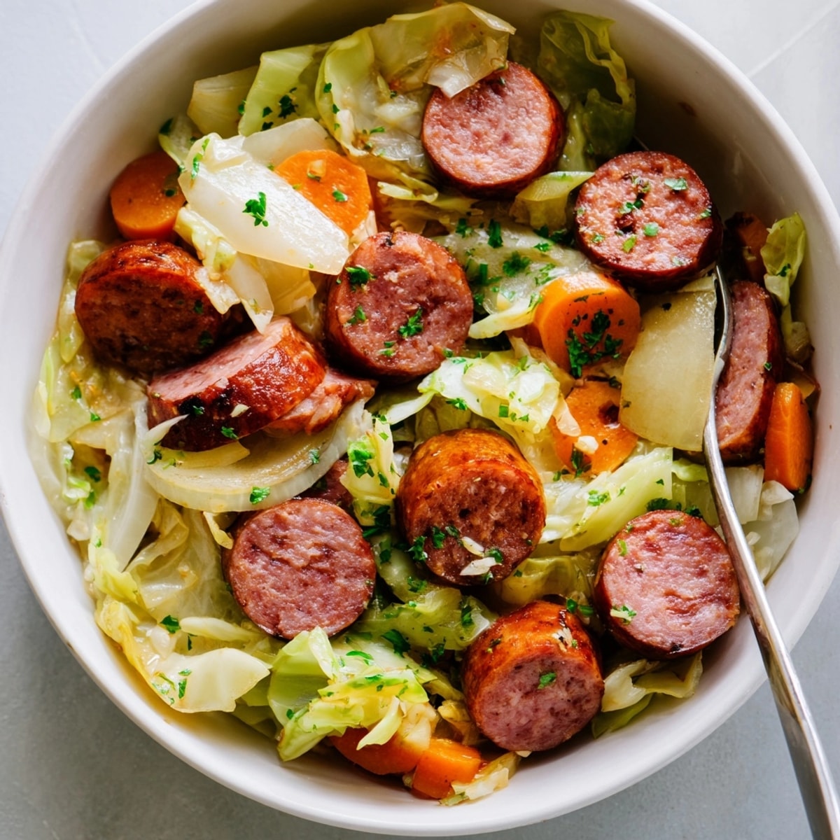 Deftige Sausage & Cabbage Skillet dampfend heiß, bereit zum Servieren als schnelles Abendessen.