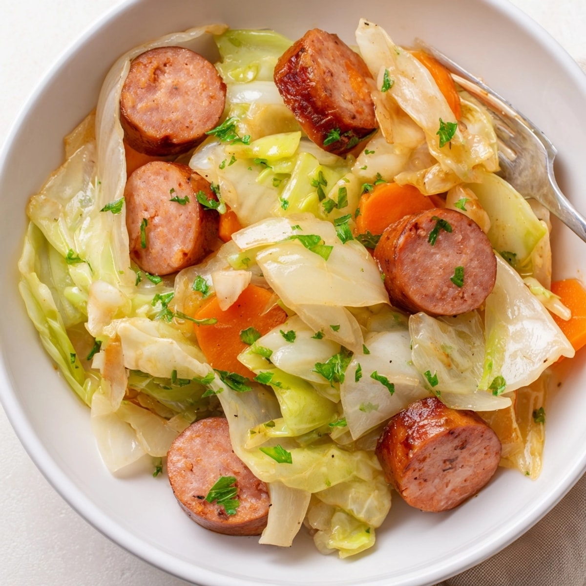 Einfache One-Pan Sausage & Cabbage Skillet, ein farbenfrohes Gericht mit geräucherter Wurst und knackigem Gemüse.