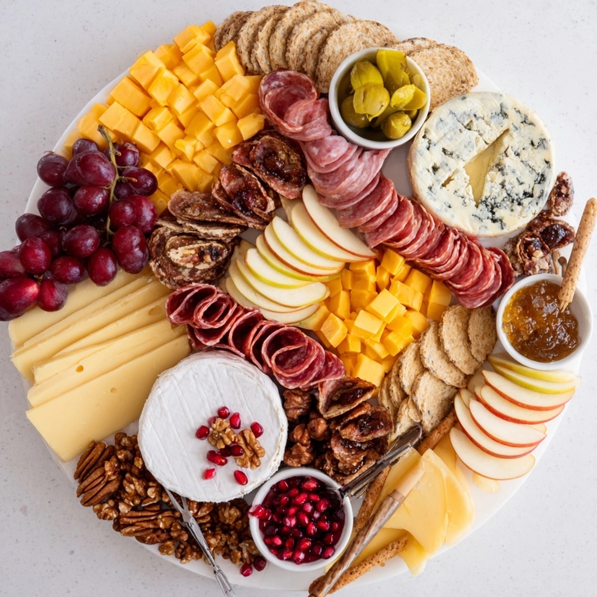 Herbstkäse- und Wurstplatte mit Cheddar, Brie, Trauben und Nüssen, ideal zum Teilen.