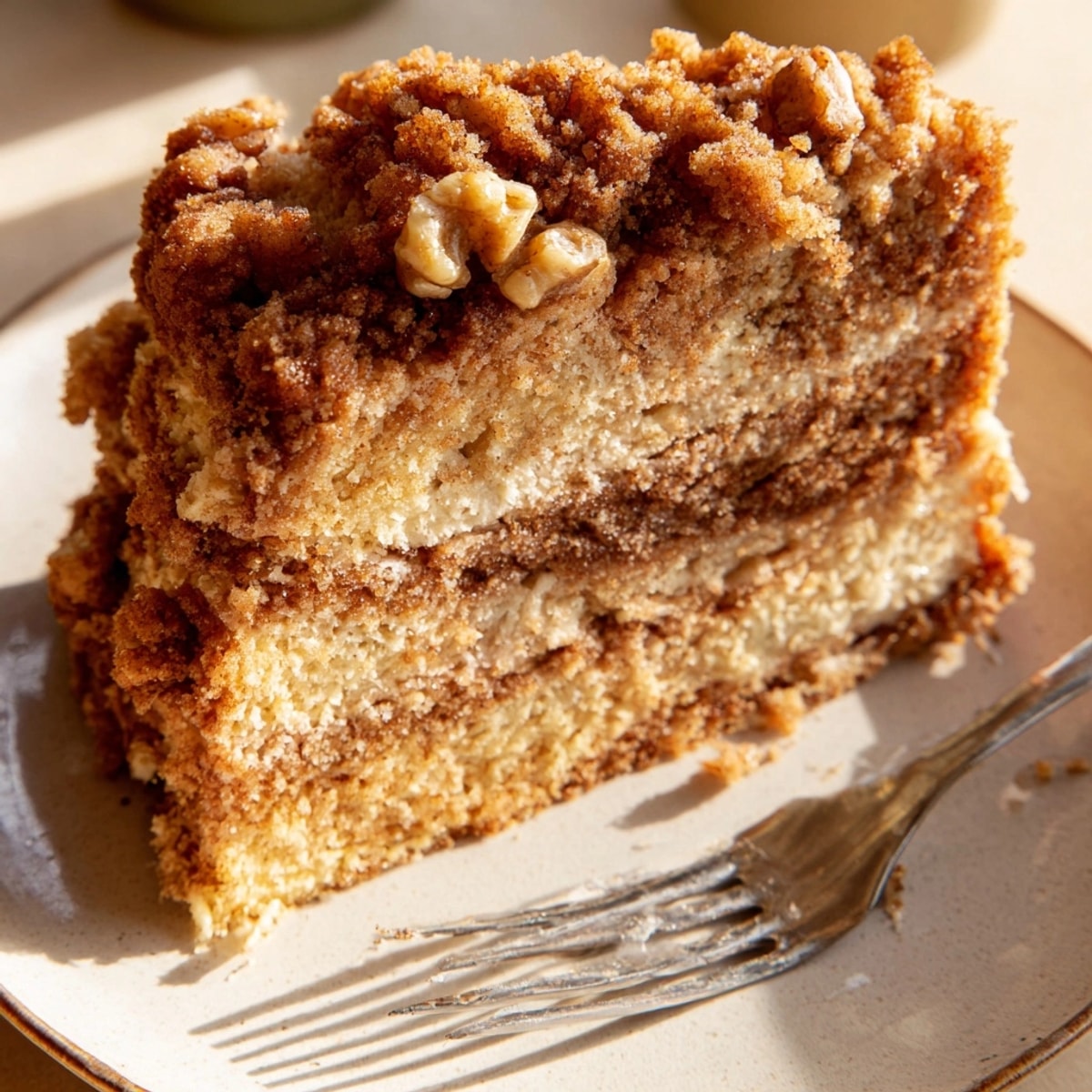 Nahaufnahme von Cinnamon Streusel Coffee Cake: Goldene Krümel und köstliche aromatische Zimtstreusel sichtbar.