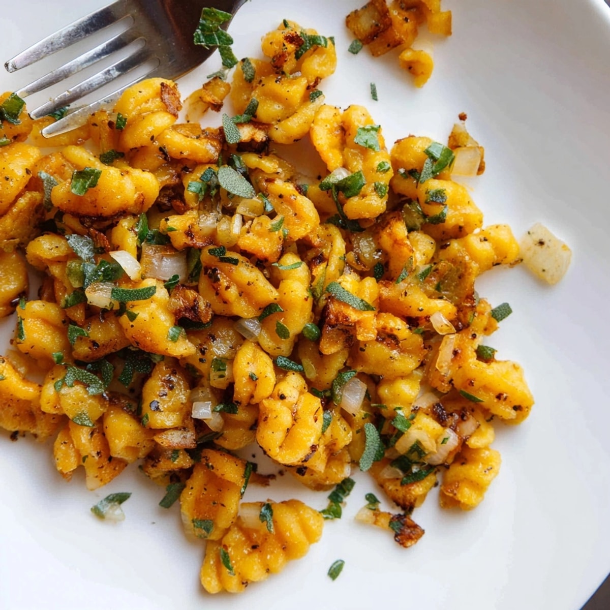 Zarter, goldener Kürbis-Spaetzle auf einem Teller, mit gebräunter Butter und Salbei garniert.