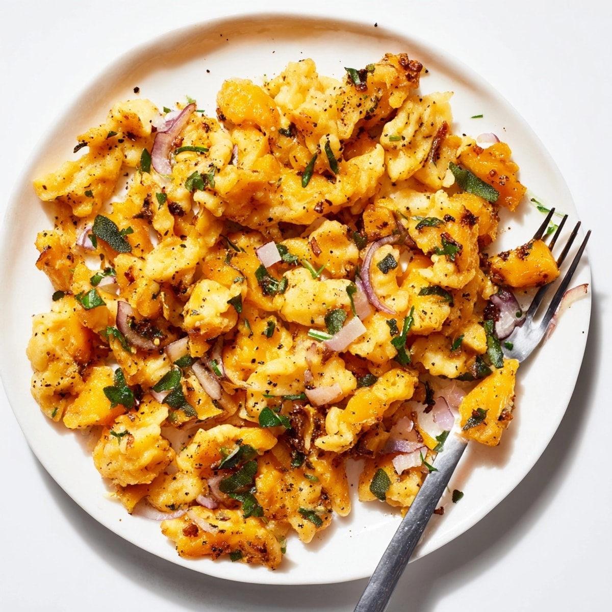 Hausgemachte Kürbis-Spaetzle köcheln in Salzwasser, im Begriff, mit Zwiebeln und Kräutern frittiert zu werden.