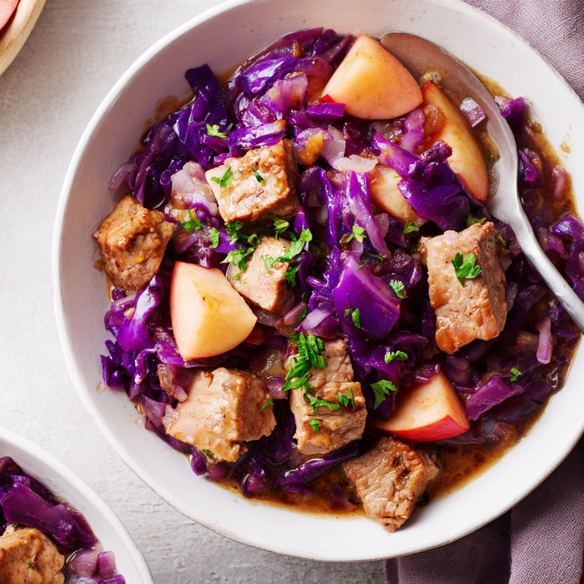 Würziger Rotkohl-Schweinefleisch-Eintopf köchelt in einem niederländischen Ofen, dampfend und reichhaltig. Erwärmendes Gericht mit Wein.