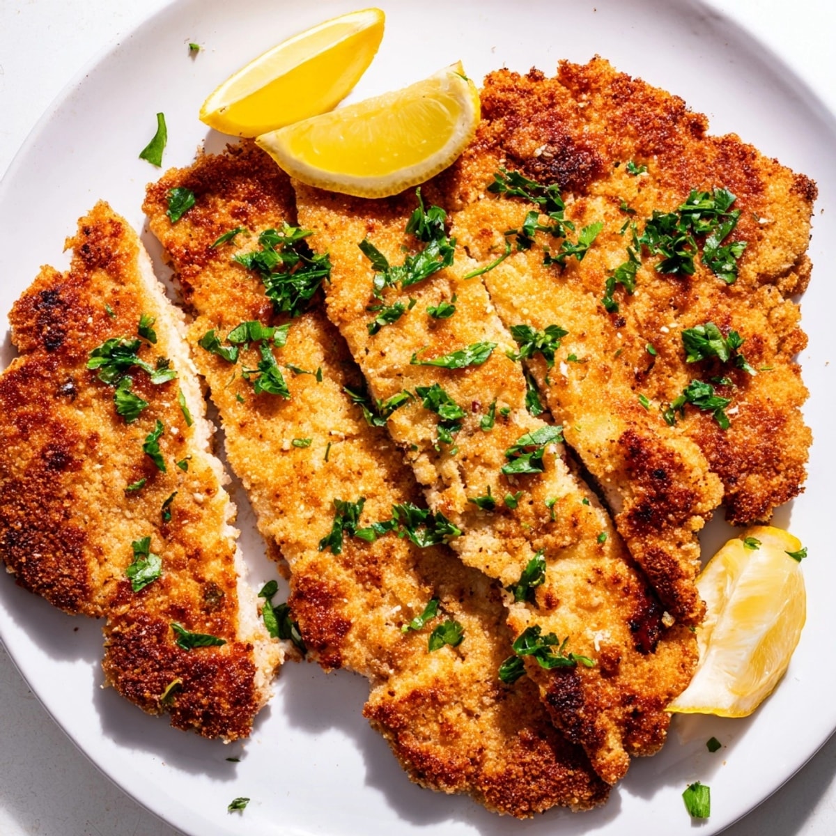 Knuspriges, goldbraunes pflanzliches Schnitzel, frisch zubereitet, serviert mit Zitronenspalten und Petersilie.