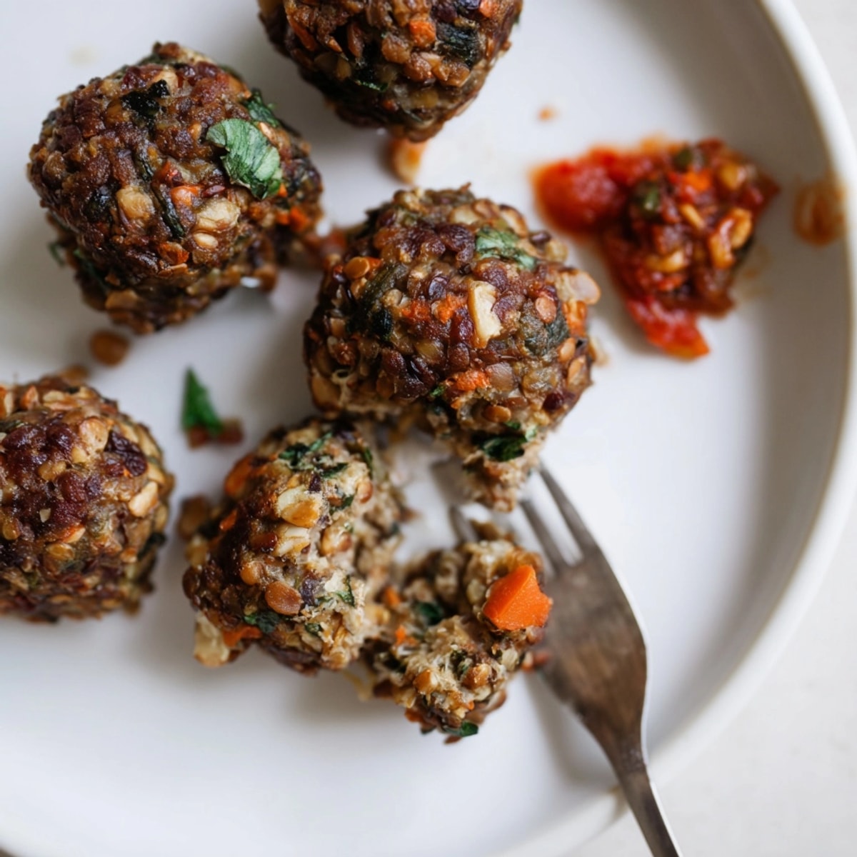 Herzhafte Linsen-Walnuss-Meatballs mit frischen Kräutern, gebacken bis zur goldenen Perfektion, ein köstliches vegetarisches Gericht.