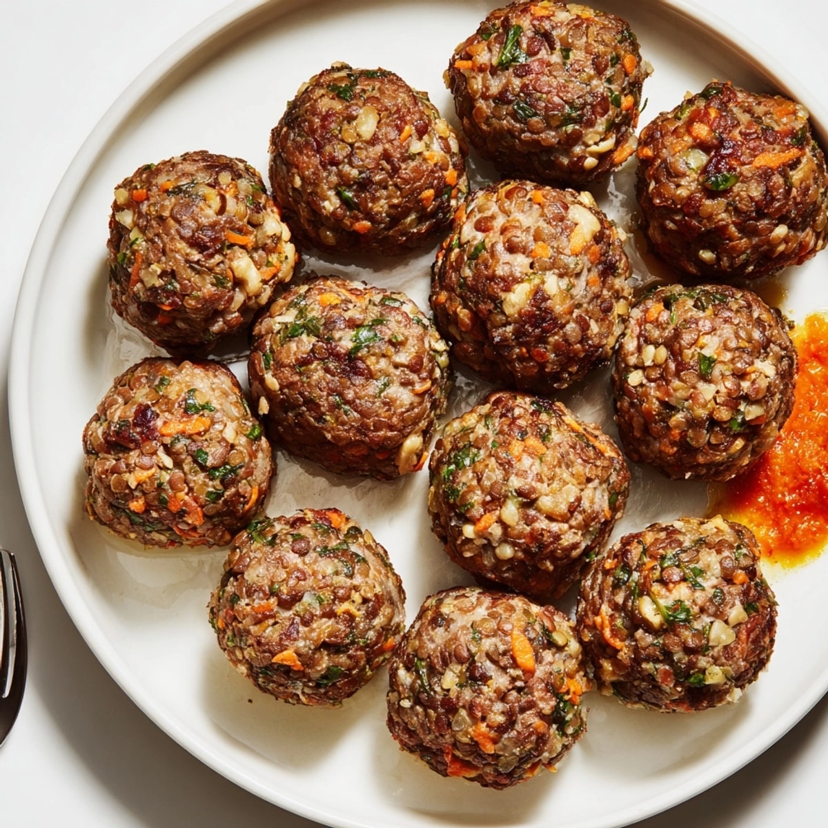 Ein Teller voller leckerer Linsen-Walnuss-Hackbällchen, eine vegetarische Köstlichkeit reich an Umami, für ein gesundes Abendessen.