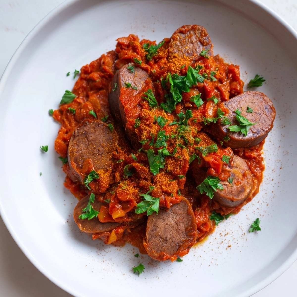 Vegane Currywurst mit orientalischen Gewürzen, serviert mit Pommes, ein Fest für die Sinne.