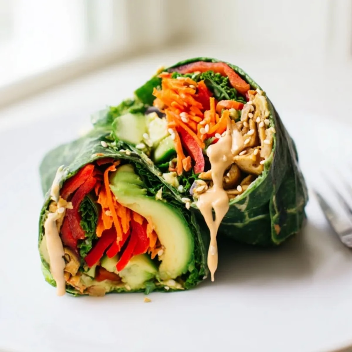 Herzhafte Kale Wraps gefüllt mit gewürztem Tempeh und knackigem Gemüse, ein leckerer, gesunder Genuss.