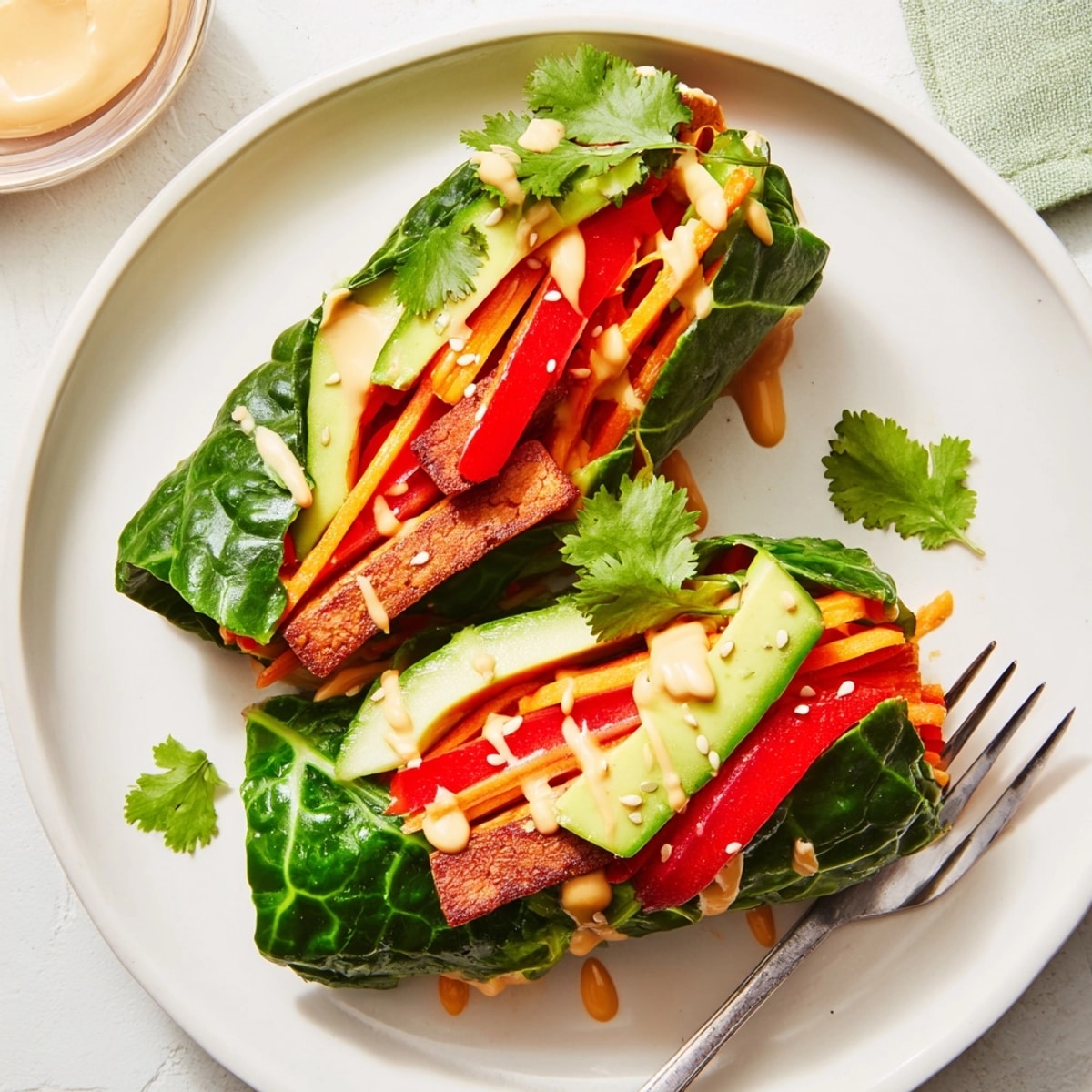 Saftig-grüne Kale Wraps mit mariniertem Tempeh: Ein visuelles Fest der Texturen und Aromen.
