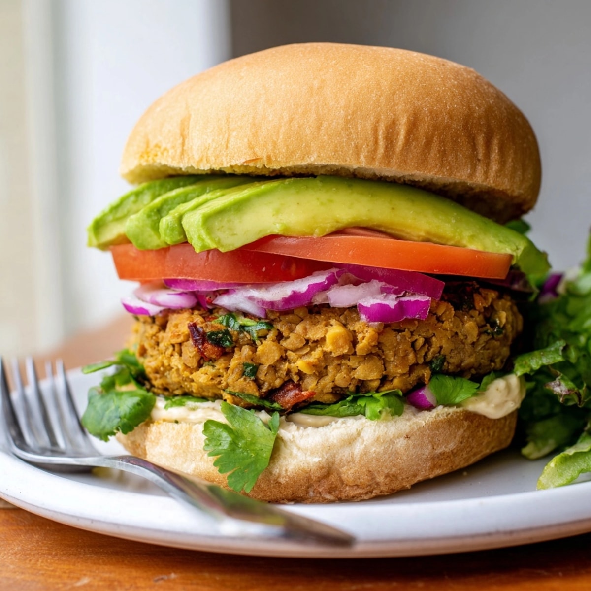 Herzhafter Kichererbsenburger mit Avocado und sonnengetrockneten Tomaten, goldbraun gebraten auf einem hellen Brötchen.