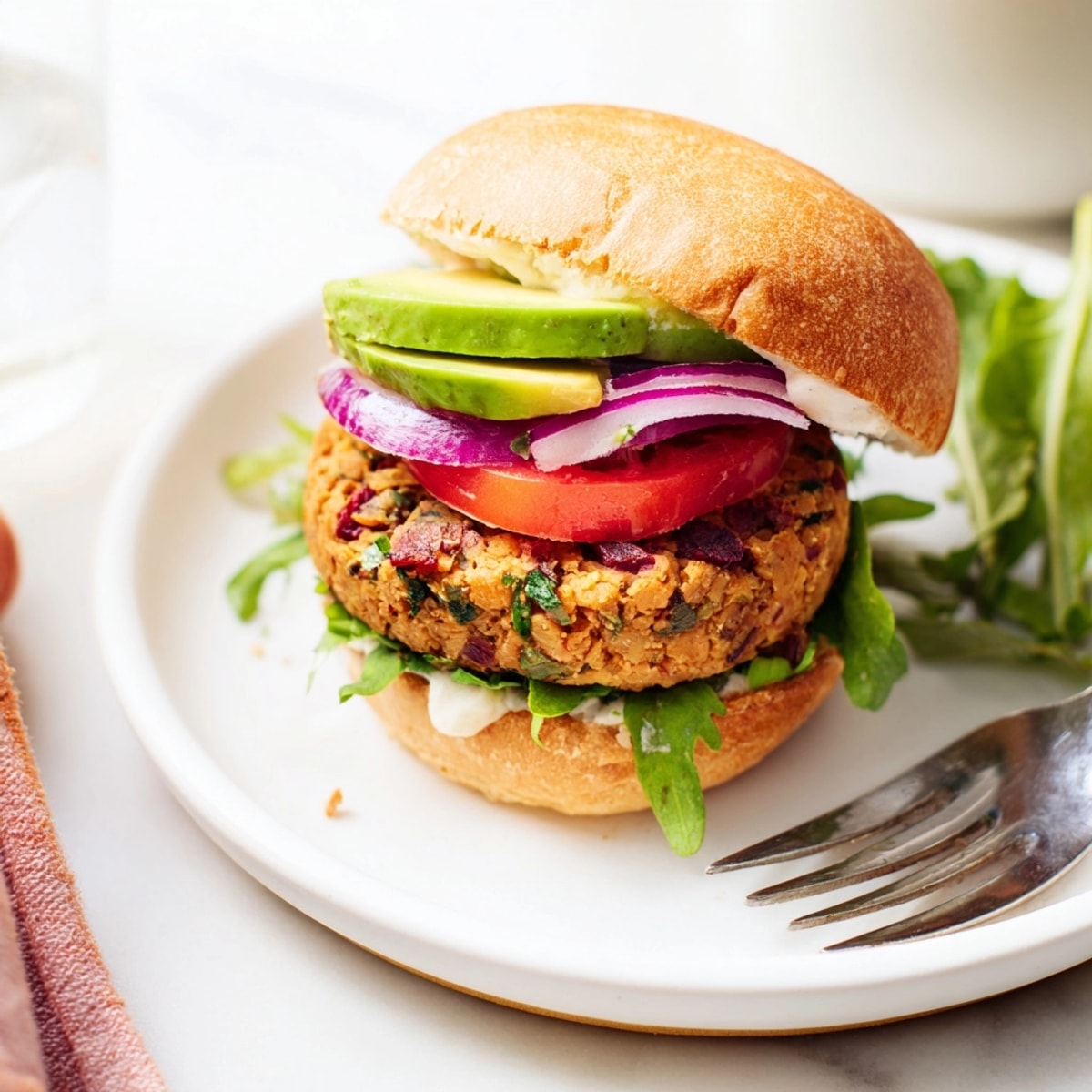 Verkostung eines vegetarischen Kichererbsen-Burgers mit Avocado-Scheiben und getrockneten Tomaten auf einem mit Salat belegten Brötchen.
