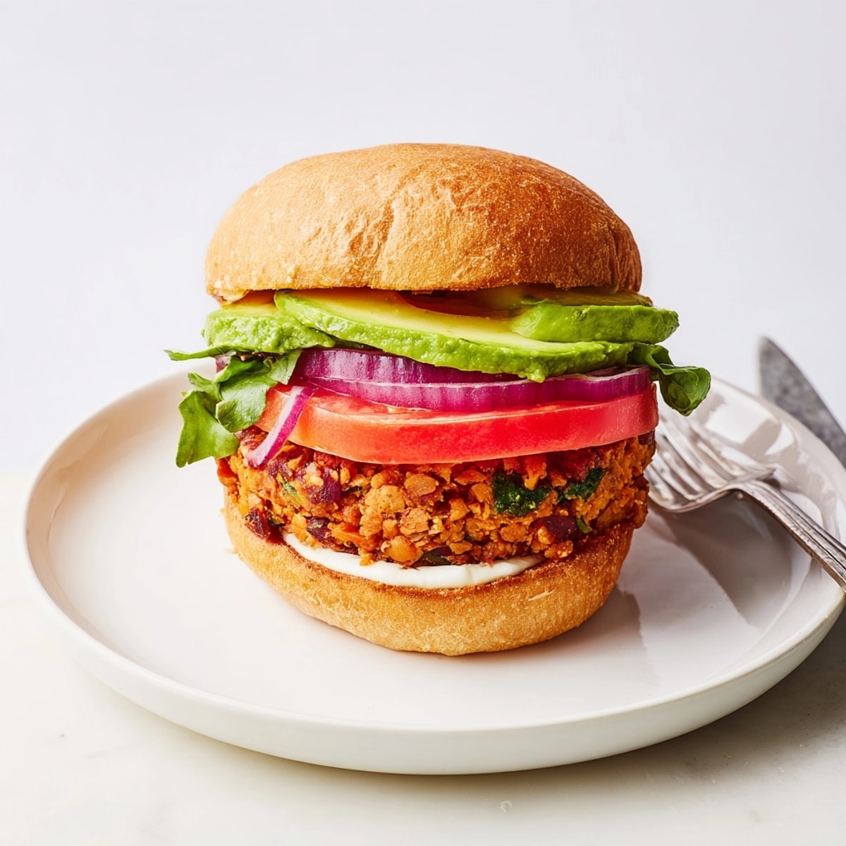 Selbstgemachte Kichererbsenburger mit Avocado und sonnengetrockneten Tomaten auf Buns, servierfertig als köstliches Abendessen.