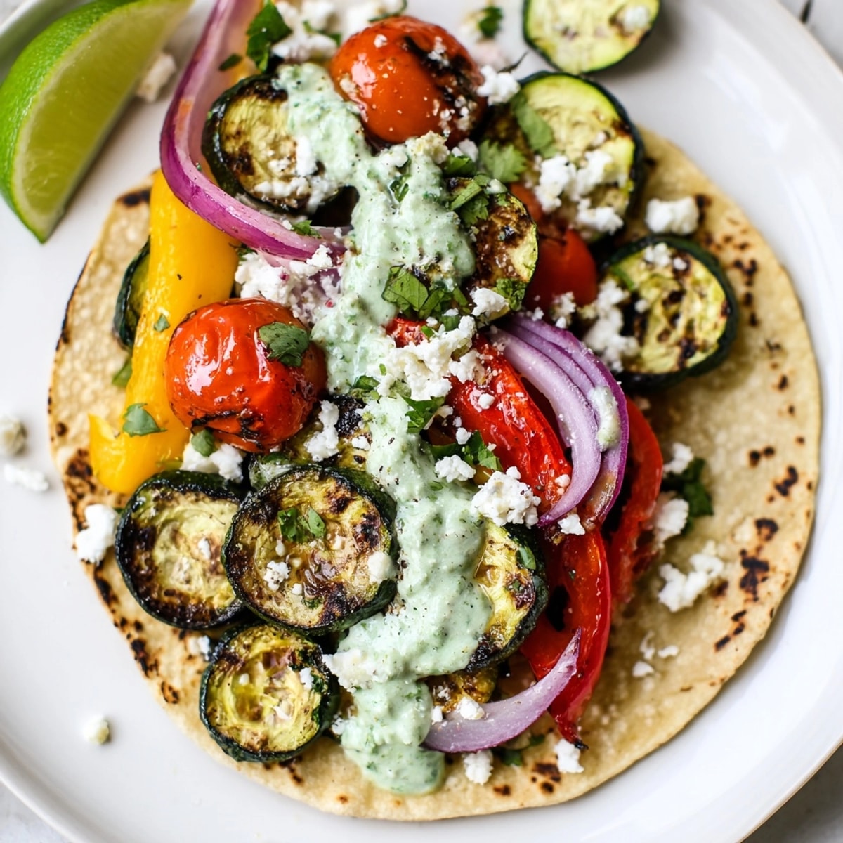 Genießen Sie diesen Teller Grilled Vegetable Tacos mit Herbed Yogurt Sauce; leuchtende Farben und verlockende Aromen.