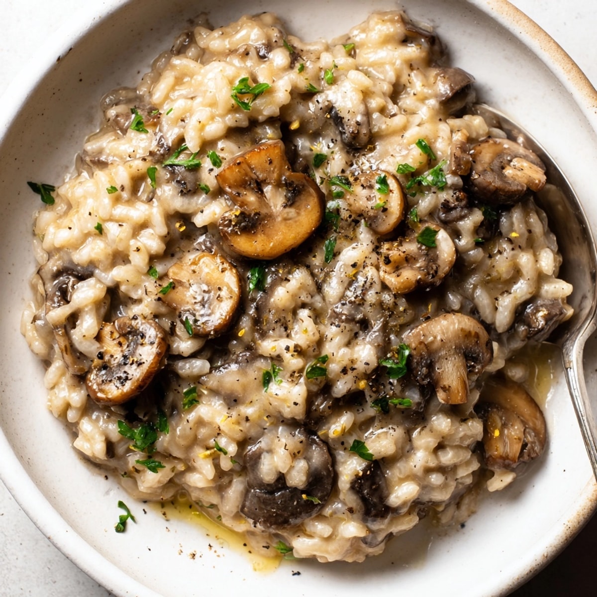 Detailaufnahme von cremigem, mit Hefeflocken verfeinertem Pilzrisotto, das mit einer Gabel servierfertig ist.