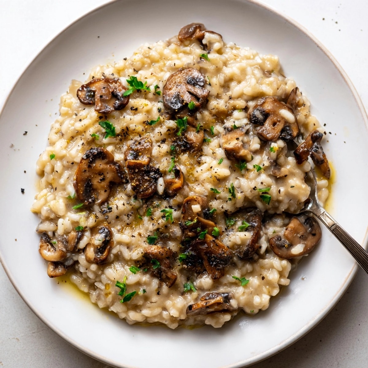 Hausgemachtes cremiges Pilzrisotto mit Hefeflocken, ein einfaches, pflanzliches Rezept für ein gemütliches Abendessen.