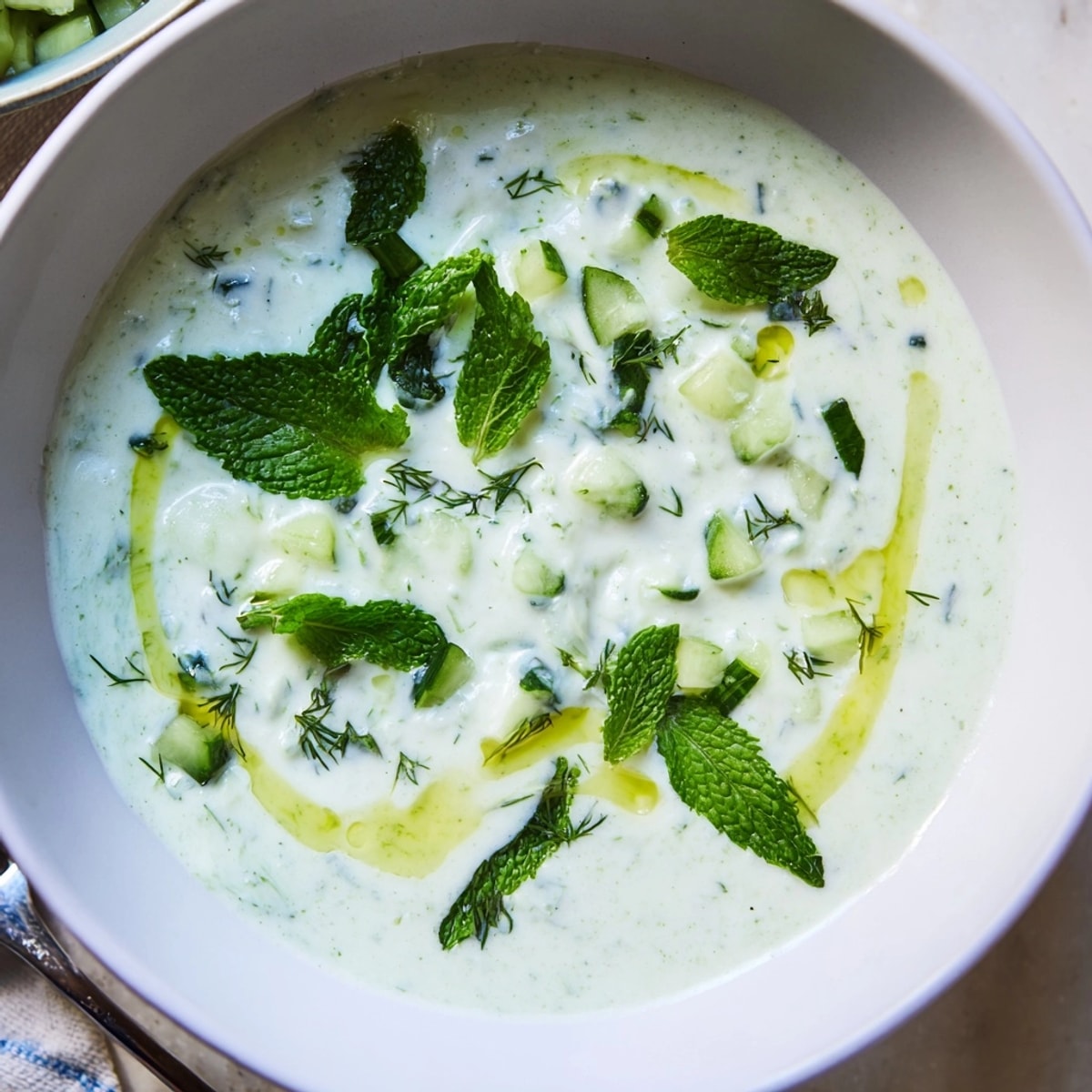 Gekühlte Gurken-, Minz- und Joghurt-Suppe: Cremig, erfrischend und perfekt garniert mit frischen Kräutern für einen kühlen Genuss.