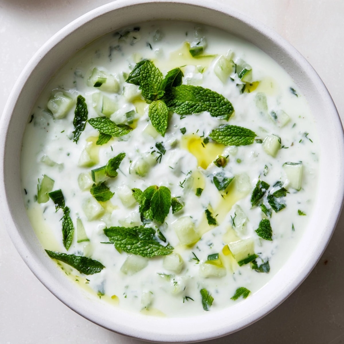 Hausgemachte Kühlung: Eine cremige Schüssel mit Gurken-, Minz- und Joghurt-Suppe, die ein köstliches Gleichgewicht von Aromen verspricht!