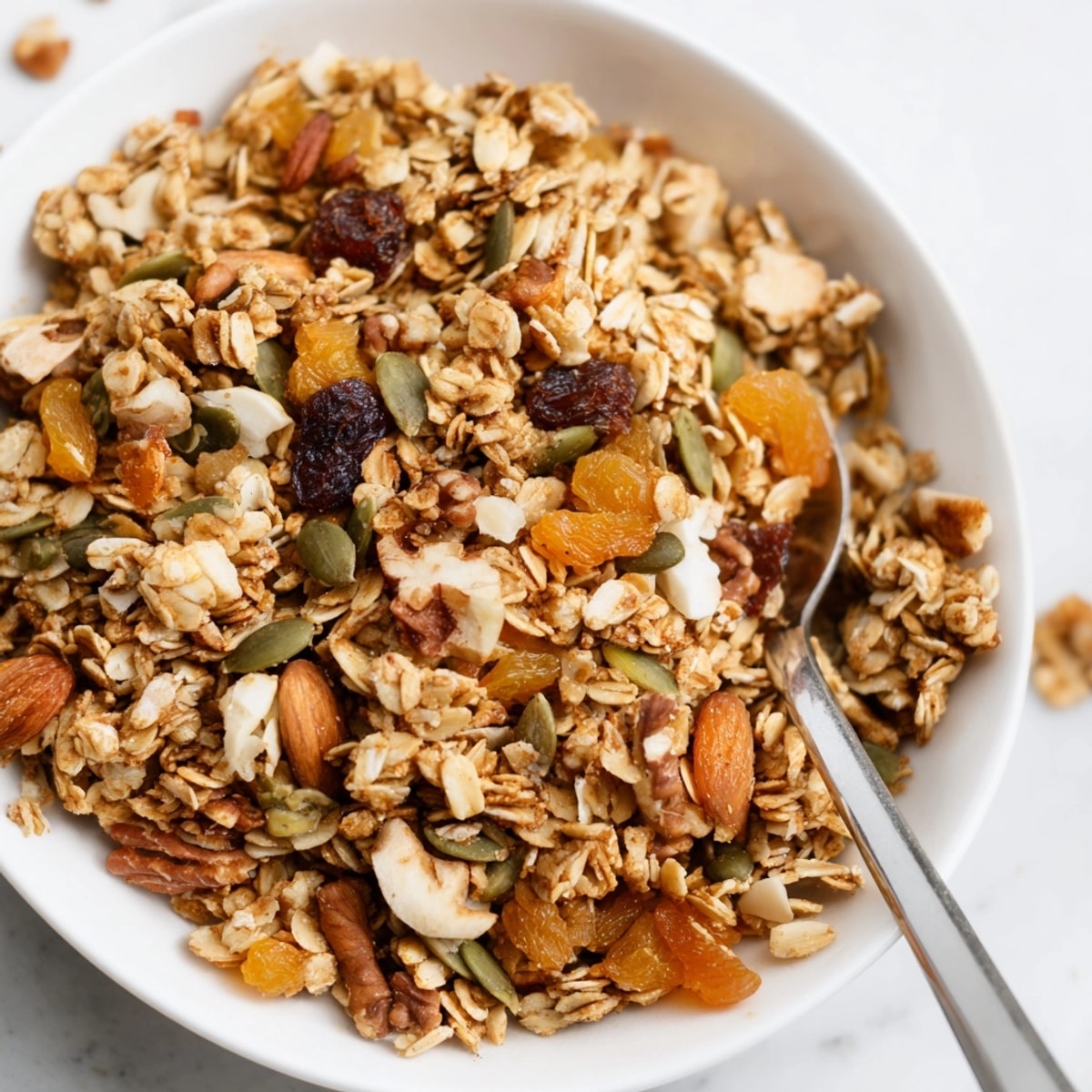 Knuspriges hausgemachtes Granola mit Nüssen, Samen und lokalem Honig, ein gesundes Frühstück oder Snack.