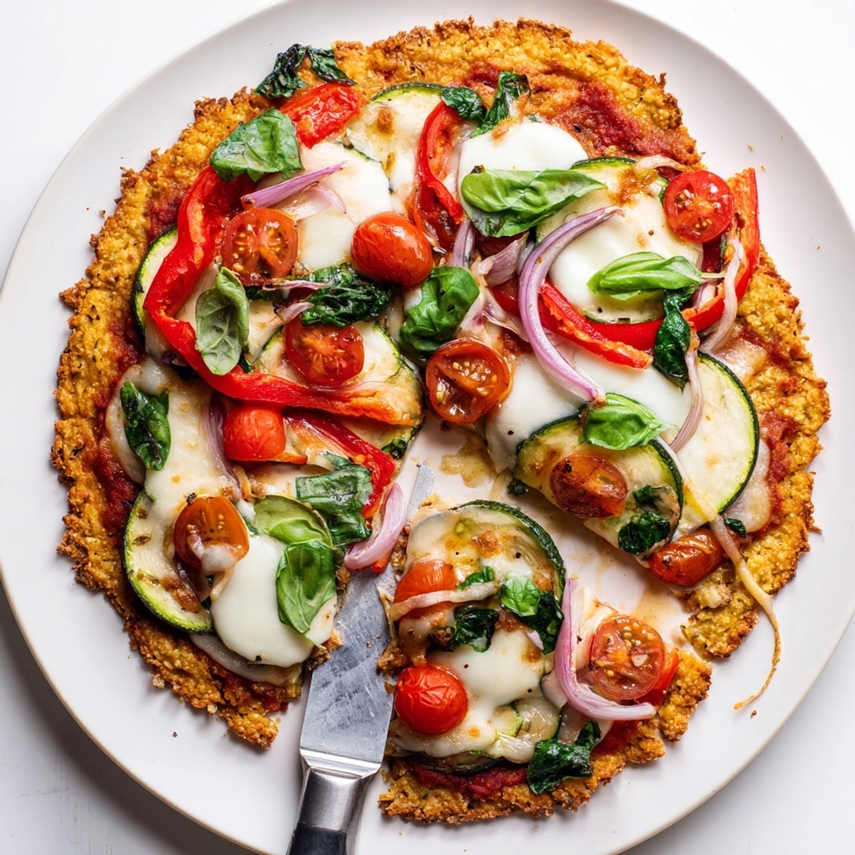 Knusprige Kichererbsenmehlpizza mit Bio-Gemüse, ein köstliches und farbenfrohes glutenfreies Gericht.