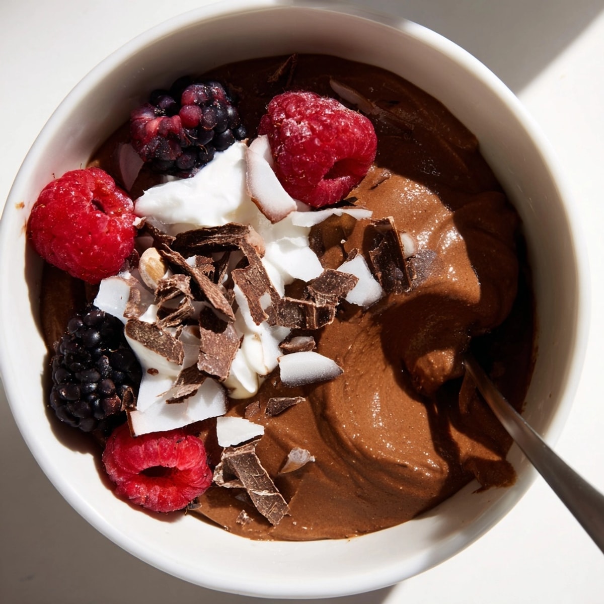 Reichhaltiges, cremiges veganes Avocado-Schokoladenmousse, perfekt gekühlt serviert mit frischen Beeren.