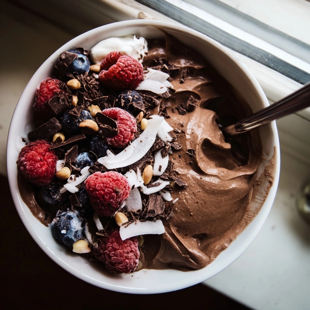 Hausgemachtes, dunkles Veganer Avocado-Schokoladenmousse; ein gesünderer, schuldfreier Leckerbissen mit Ahornsirup gesüßt.