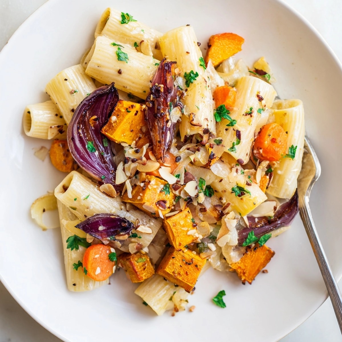 Wintergemüse-Pasta mit cremiger Mandelsoße: Geschichtete Schüssel mit dampfendem, veganem Komfortessen.
