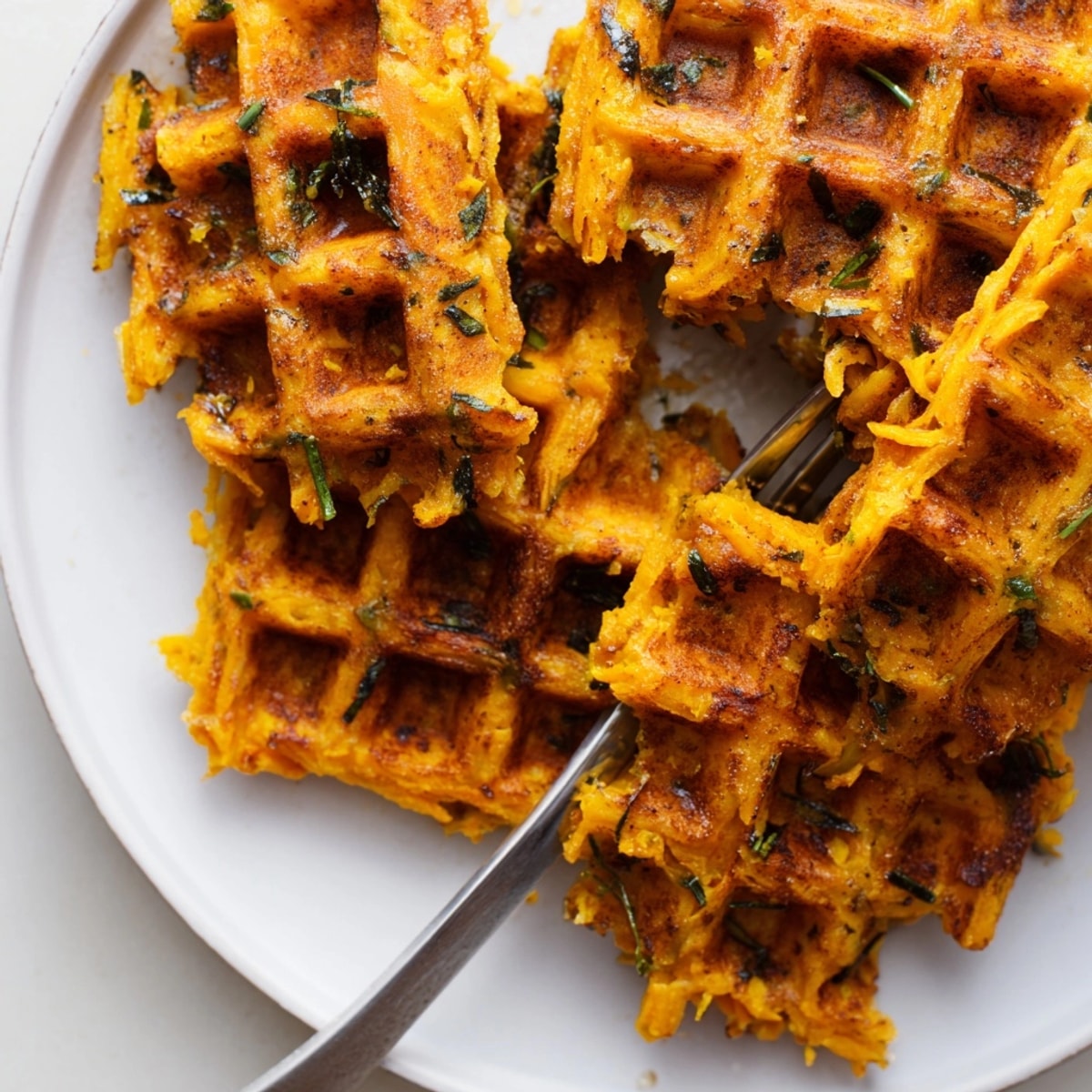 Gebackene herzhafte Süßkartoffelwaffeln mit milden Gewürzen, einladend und bereit zum Servieren.