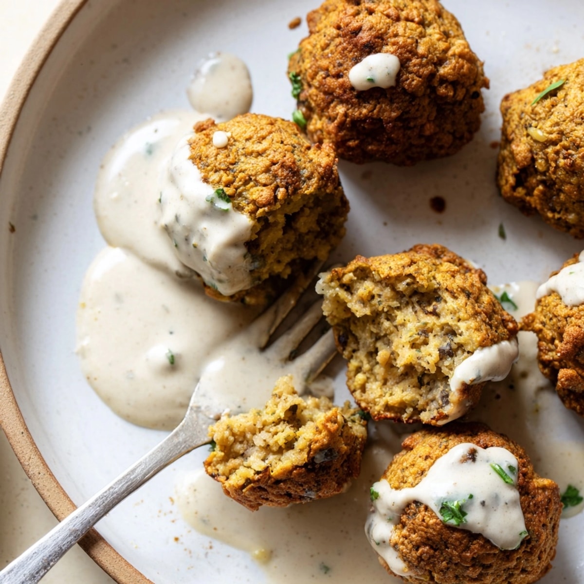 Knusprige, goldene Falafel mit Koriander und Tahini, ein köstlicher nahöstlicher Genuss, servierbereit.