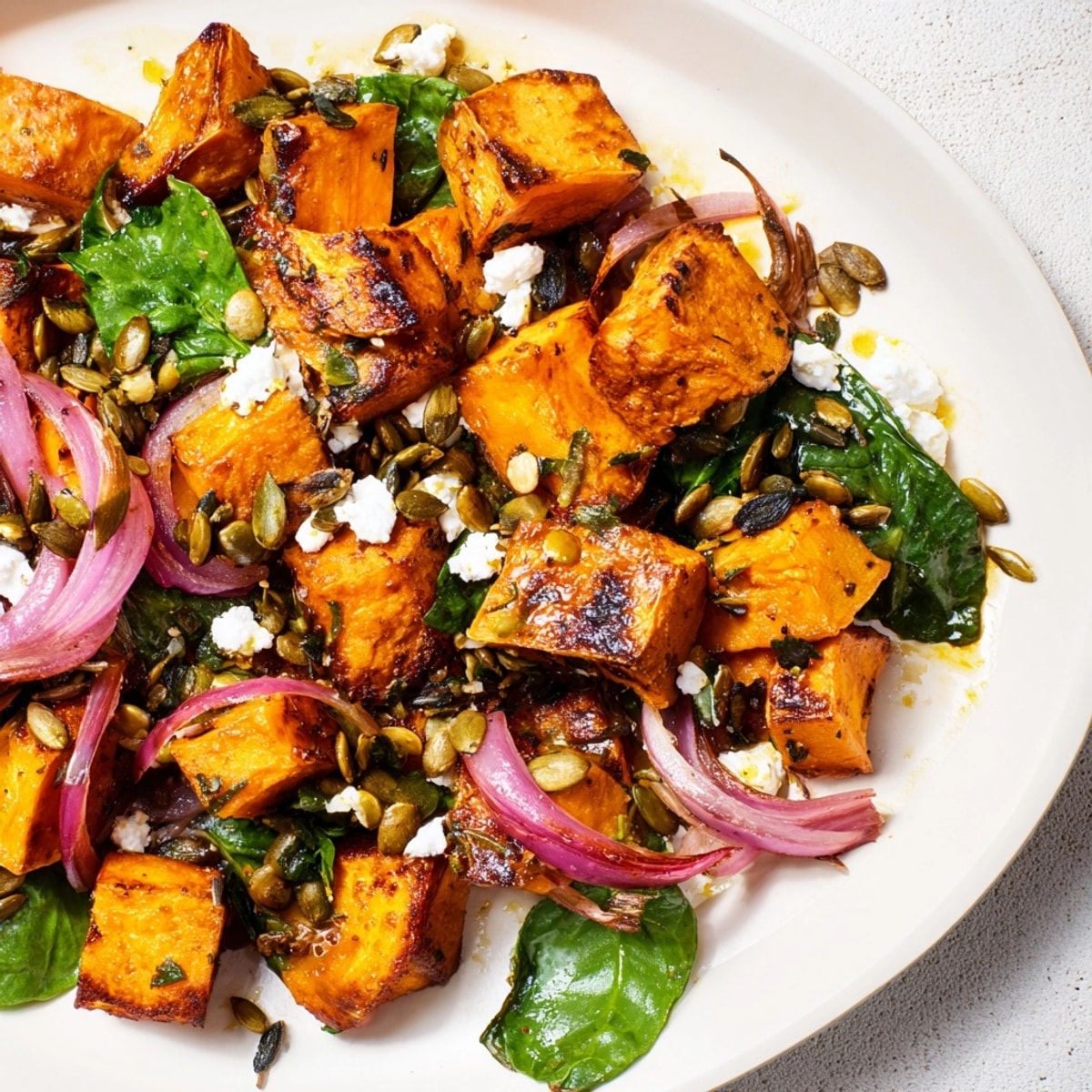 Warm Roasted Sweet Potato Salad with Pumpkin Seeds, a colorful side dish ready to serve.
