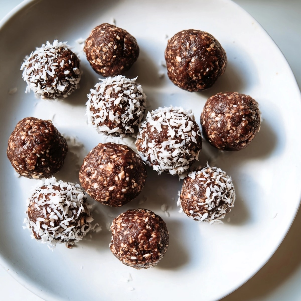 Leckere Energy Bites mit Datteln, rohem Kakao und Kokosnuss, perfekt für gesunde Energie.