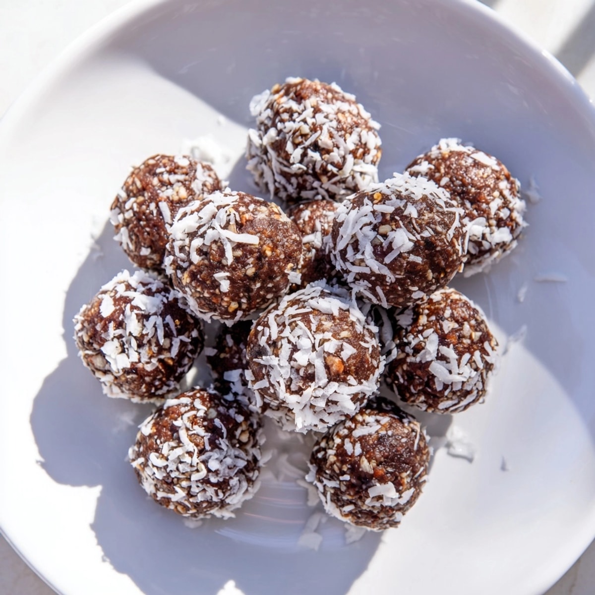 Schokoladige Energy Bites mit Datteln, gerollt in Kokosnuss, ein köstlicher, schneller, veganer Snack.